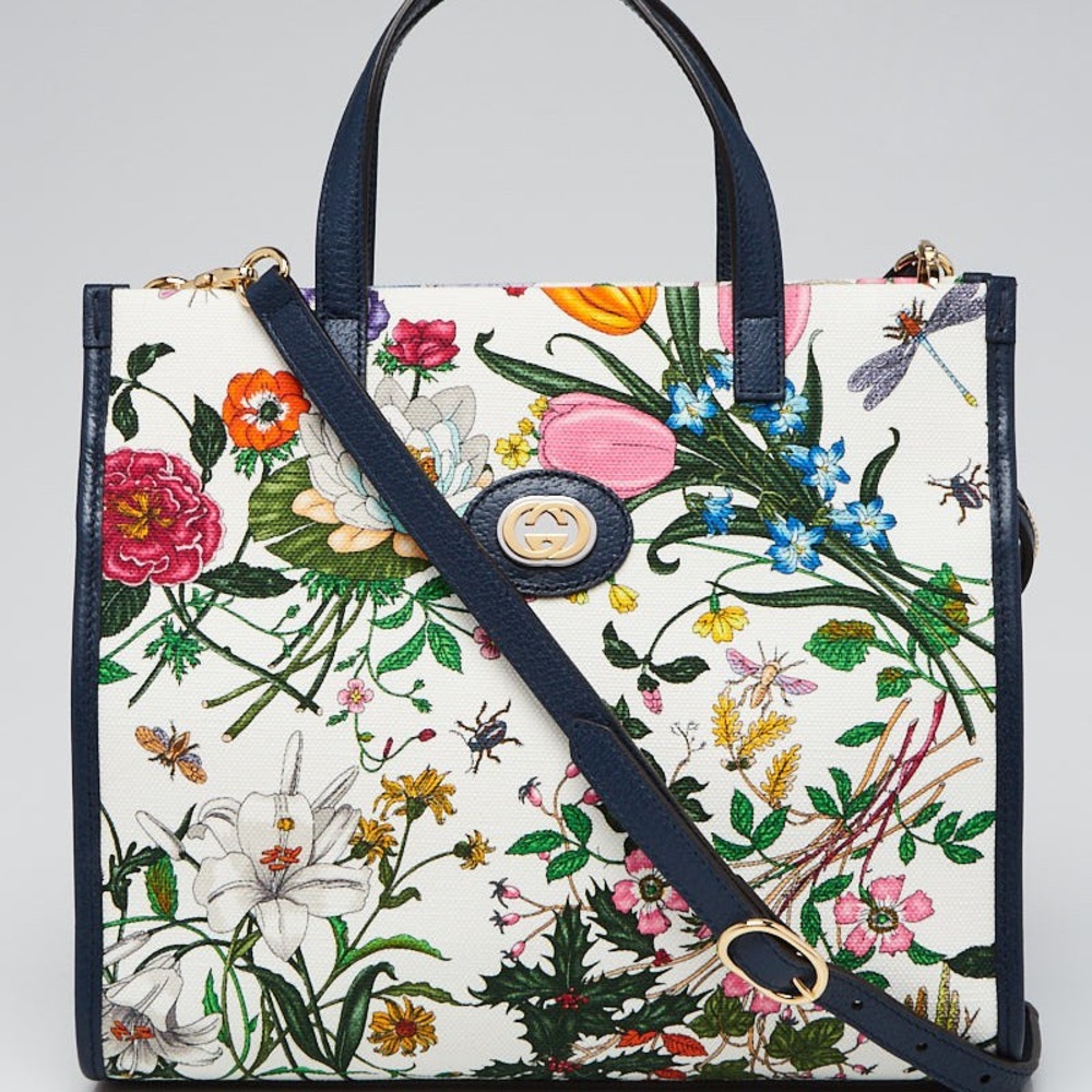 GUCCI Navy Leather Floral Canvas Flora Tote Bag
